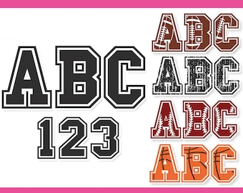 May include: Five varsity alphabet designs in black, brown, black and white, red, and orange. Each design features the letters ABC with a different sports theme. The letters are outlined in white and have a varsity style font. The text "123" is also included in black with a varsity style font. The text "SVG PNG EPS DXF" is at the bottom of the image.