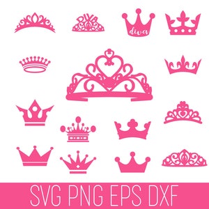 May include: A set of 20 pink crown and tiara SVG cut files. The designs include various styles of crowns and tiaras, including a tiara with the word "diva" on it.