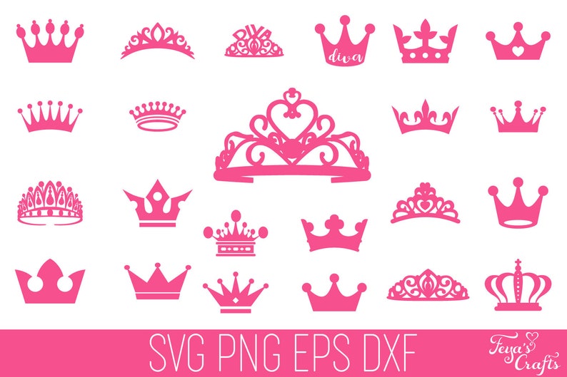 May include: A set of 20 pink crown and tiara SVG cut files. The designs include various styles of crowns and tiaras, including a tiara with the word "diva" on it.