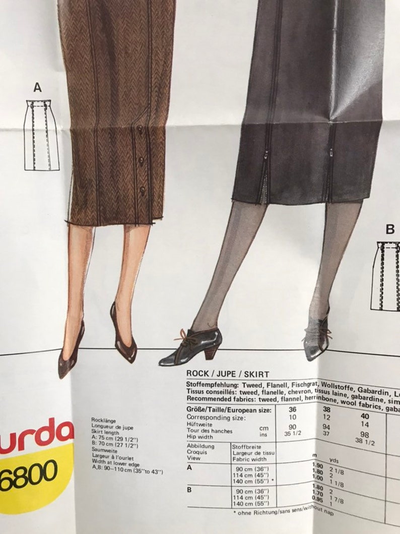 Vintage 1980s 1990s skirt pattern Burda 6800 sewing pattern tweed skirt pencil skirt uncut and unused