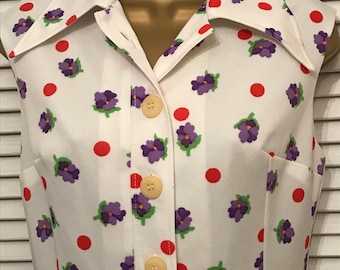 1960s collared A line Dress floral with spots . Lined nylon Vintage dress size S
