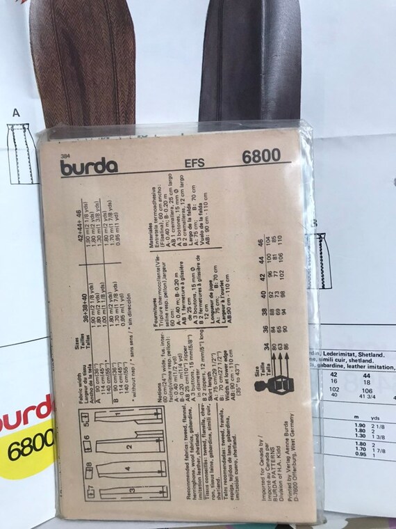 Vintage 1980s 1990s skirt pattern Burda 6800 sewing pattern tweed skirt pencil skirt uncut and unused