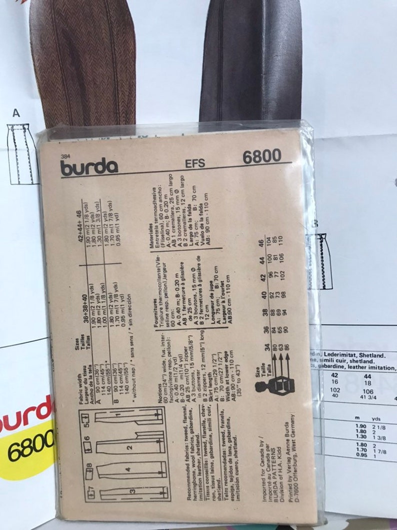 Vintage 1980s 1990s skirt pattern Burda 6800 sewing pattern tweed skirt pencil skirt uncut and unused