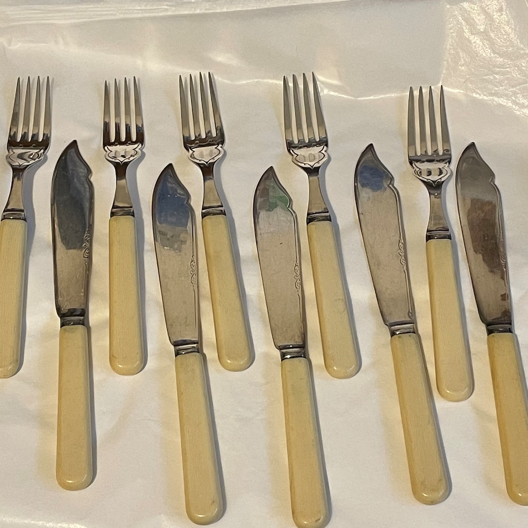 EPNS Fish Cutlery With Faux Bone Handles Marked I H Vintage 1950s