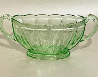 vtg green glass vase 1940s art deco handled wide vase