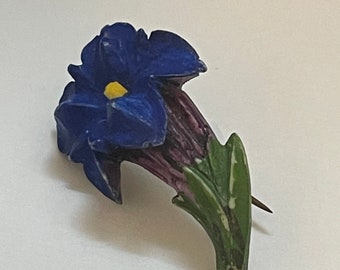 Antique vintage celluloid brooch floral pin in violet blue colour