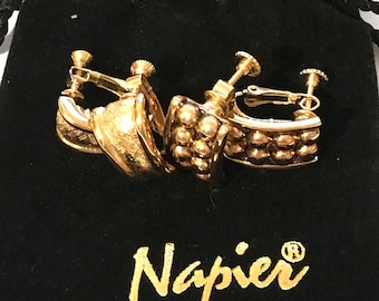 Vintage Napier Goldtone earrings screw backs two pair with Napier pouch