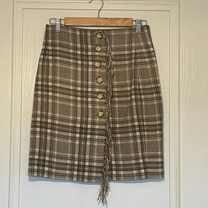 Vintage Brown plaid wool skirt button through with tassels