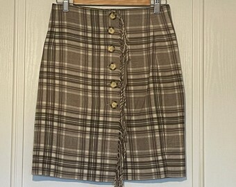 Vintage Brown plaid wool skirt button through with tassels