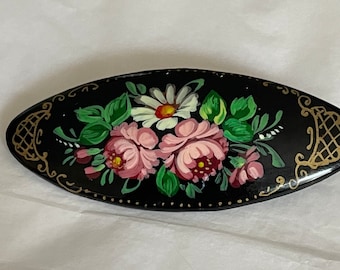 Broche Fleurs En Bois Peint, Style Russe, Papiers Mâché, Noir, Cadeau Femme