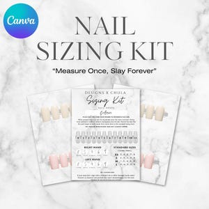 Op de afbeelding: Een nagelmatenkit met de tekst "NAIL SIZING KIT" en "Measure Once, Slay Forever". De kit bevat een gids met nagelmaten en instructies, en toont voorbeelden van beige en roze nagels. Het Canva-logo staat in de linkerbovenhoek.