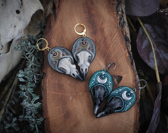 Raven Skull Crescent Moon Earrings - Gothic Dark Academia Jewelry