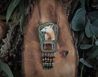 Fox necklace Mother fox Mother and baby Baby fox Fox jewelry Animal necklace Forest necklace Red fox Fox totem Animal totem Fox lover