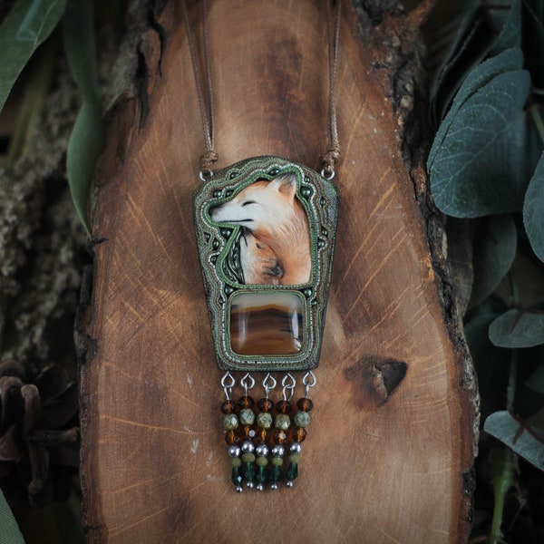 Fox necklace Mother fox Mother and baby Baby fox Fox jewelry Animal necklace Forest necklace Red fox Fox totem Animal totem Fox lover