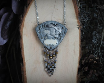 Rabbit necklace Bunny necklace Rabbit jewelry Animal jewellery Hare necklace Woodland pendant Ooak fringe jewelry  Witchy gray jewelry