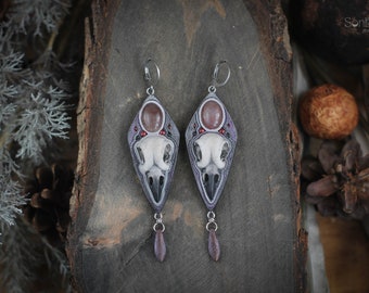 Bird skull earrings Raven earrings Pastel earrings Gothic earrings Witch earrings Fancy jewelry Strange jewelry Witchy earrings Spooky gift