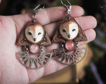 Light owl earrings Owl jewelry Bird earrings Owl lover gift Woodland earrings Long earrings Statement earrings Bold earrings Quirky earrings