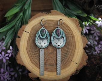 Gray fox earrings Forest animal earrings Woodland jewelry Leaf jewellery Green witch earrings Nature jewelry Long earrings  Fancy earrings