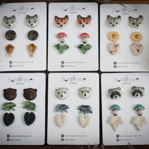 Pendientes de animales hechos a mano: conjunto de lobo, zorro y oso