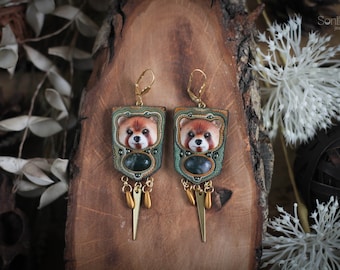 Red panda earrings Long earrings Large earrings Animal jewelry Panda jewelry Fire fox jewelry Statement animal earrings Yellow earrings