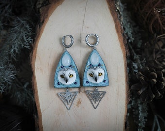 Snowy owl earrings Owl jewelry Bird earrings White owl lover gift Woodland earrings Moon statement earrings Bold earrings Quirky earrings