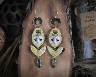 Owl earrings Moon earrings Bohemian jewelry Cottage core jewellery  Crescent moon earrings Night bird jewelry  Lunar earrings Forest jewelry