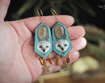 Beaded owl earrings Snowy owl earrings Owl jewelry Bird earrings Owl gift Woodland earrings Fringe earrings Statement jewellery Bold earring