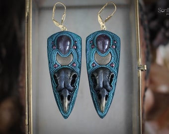 Raven skull earrings Moon earrings Mystical earrings Gothic earrings Witch earrings Scary earrings Mysterious earrings Witchy jewelry