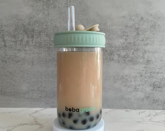 Reusable Boba & Smoothies Glass Cup Set, Dual Straw Lid - Eco-friendly Bubble Tea Gift