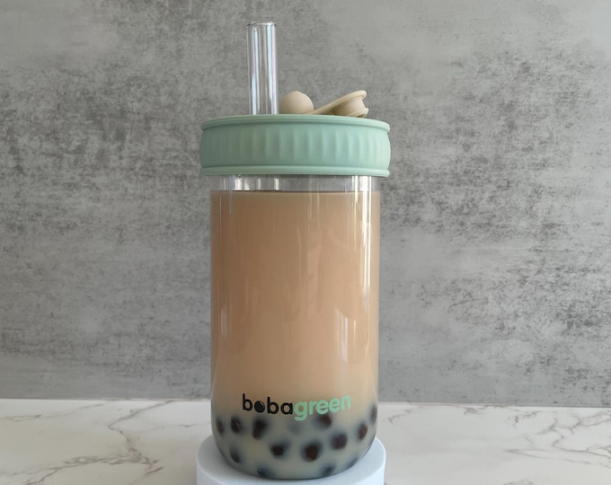 Reusable Boba & Smoothies Glass Cup Set, Dual Straw Lid - Eco-friendly Bubble Tea Gift