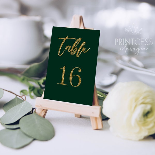 Gold Glitter Green Wedding Table Numbers Printable 4x6 size 1-30 Instant Digital Download