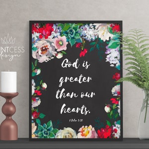 1 John 3:20 Greater than our Hearts Scripture Quote Print 8x10 Typography Digital Download Printable Wall Decor Wall Sign JW Jehovah