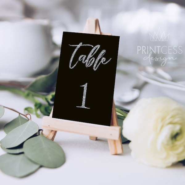 SIlver Glitter Black Wedding Table Numbers Printable 4x6 size 1-30 Instant Digital Download