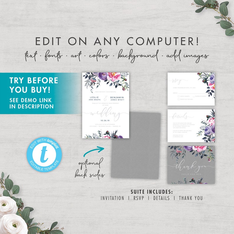 Floral Wedding Invitation Suite FULLY EDITABLE TEMPLATES
