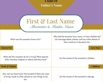 Ancestor Biography Family History Genealogy Canva Printable Worksheet Template