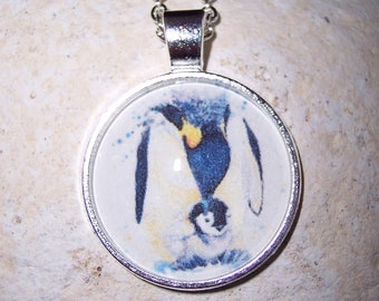 Penguin and Baby Watercolor Pendant Necklace