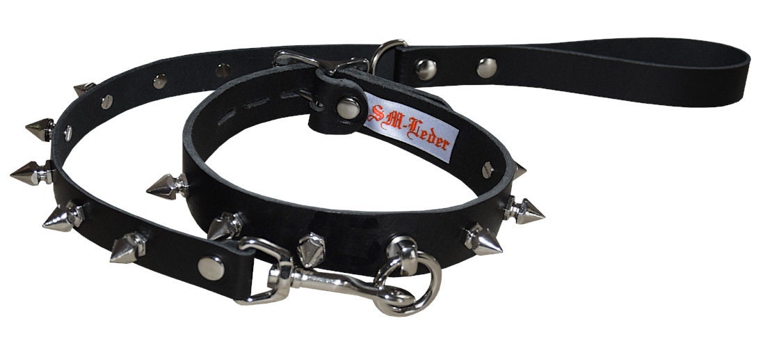 Abschließbares Halsband Nietenhalsband Killernieten und Leine aus  Büffelleder Bondage Set Fesselset schwarz / BDSM SM Fetisch Gothik -   Schweiz