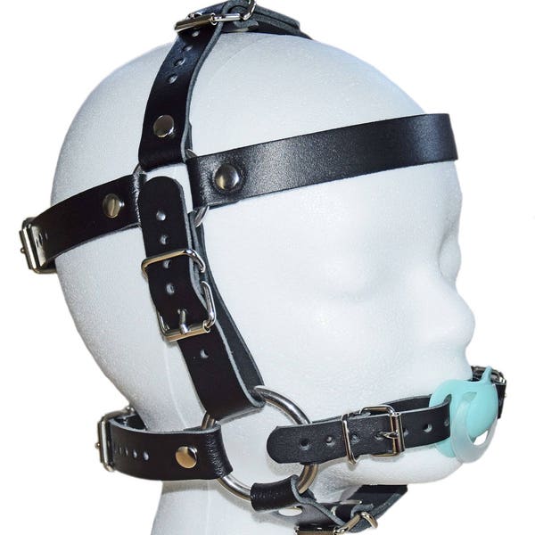 Terginum Adult Baby Hood Harness Leather Pacifier Gag BDSM Fetish