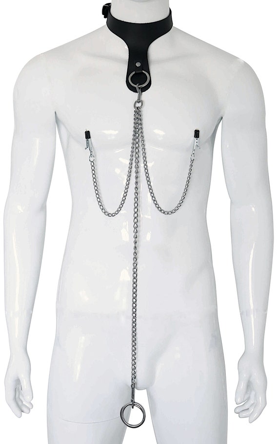 Nippelklemmen Harness Brustwarzenklemmen Cockring Körpergeschirr mit Ketten  und Halsband aus Leder / BDSM Bondage - .de