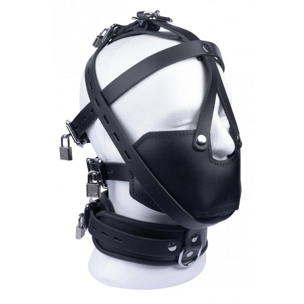 BDSM Maulkorb Ledermaske Gesichtsmaske Sklavenmaske mit Halsband - abschließbar