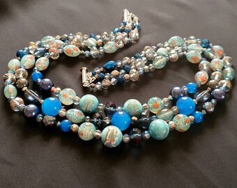 Upcycled Vintage Necklace Artisan Gifts 3 Strand 50/'s Revival Unique Gifts Lampwork Glass Art Deco