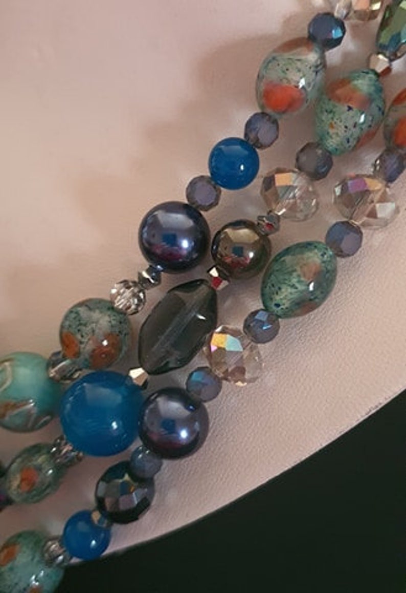 Upcycled Vintage Necklace Artisan Gifts 3 Strand 50/'s Revival Unique Gifts Lampwork Glass Art Deco