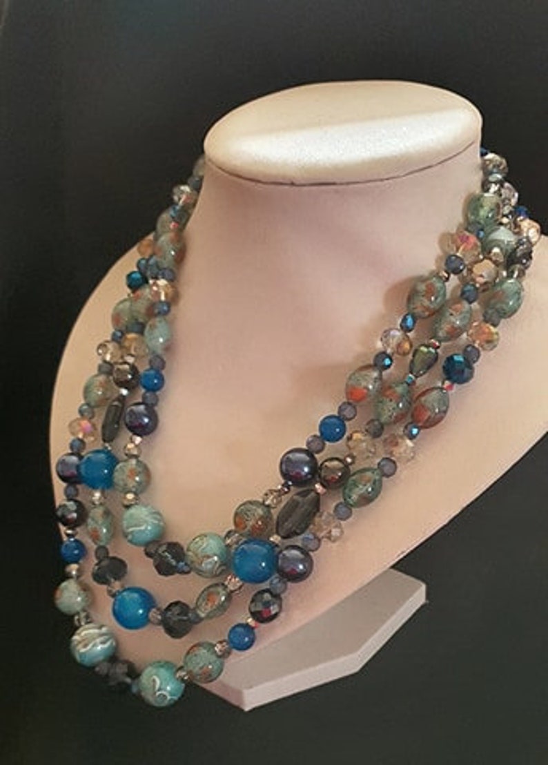 Upcycled Vintage Necklace Artisan Gifts 3 Strand 50/'s Revival Unique Gifts Lampwork Glass Art Deco