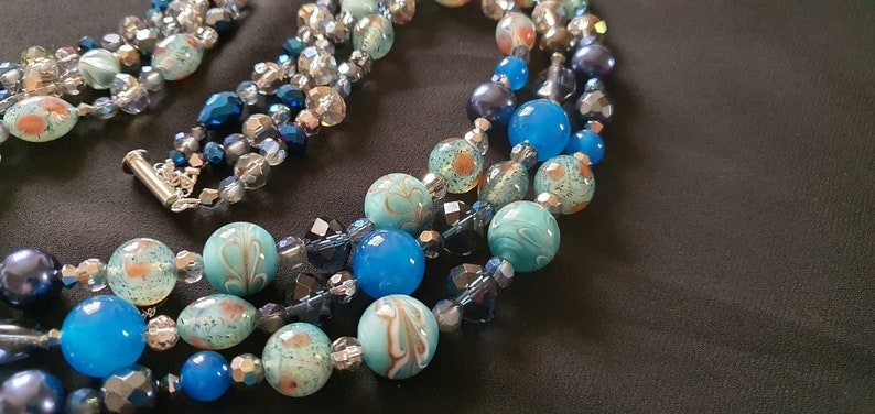 Upcycled Vintage Necklace Artisan Gifts 3 Strand 50/'s Revival Unique Gifts Lampwork Glass Art Deco