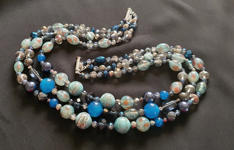 Upcycled Vintage Necklace Artisan Gifts 3 Strand 50/'s Revival Unique Gifts Lampwork Glass Art Deco