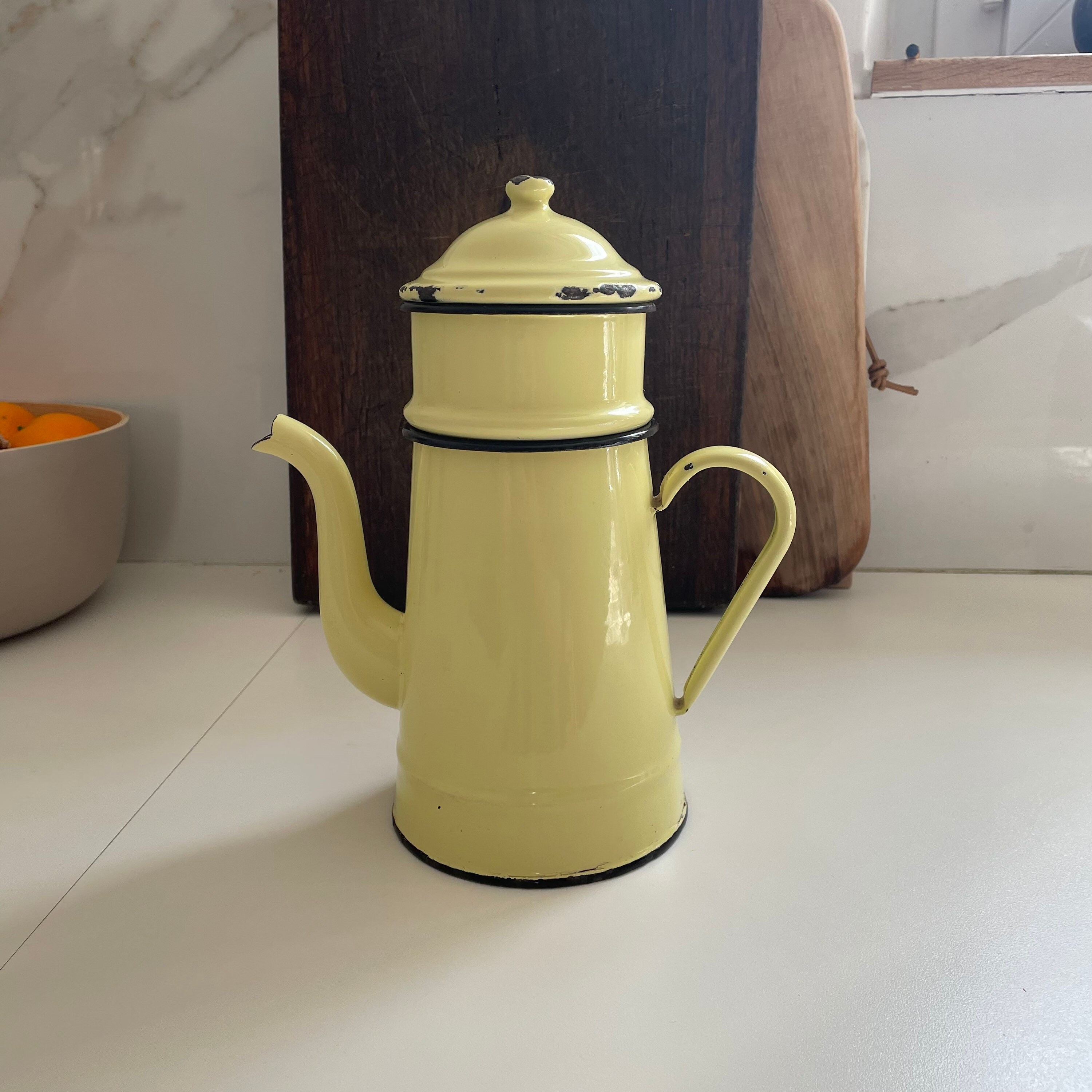 1940s French Enamel Yellow Coffee Maker. French Vintage Kitchen