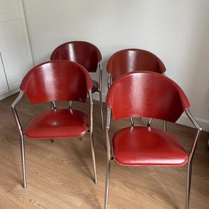 Set of 4 vintage armchairs in red leather and chrome metal - Mid-century modern design