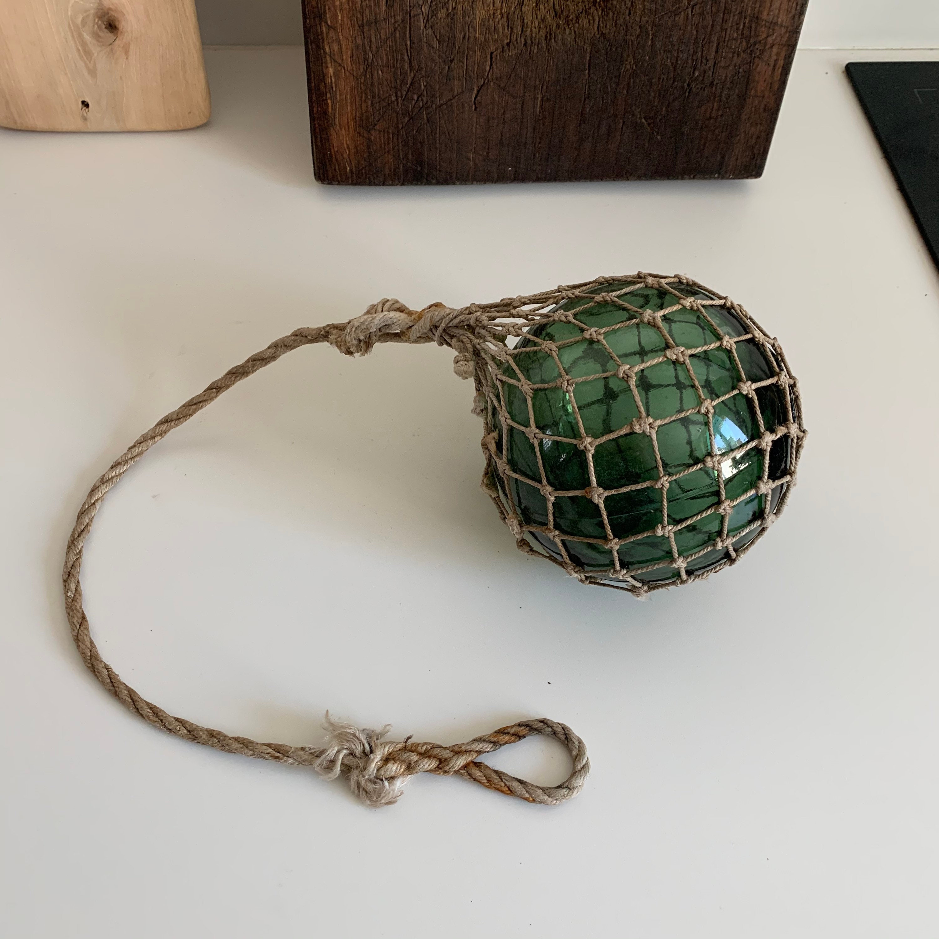 Boule de Flotaisan Verre Souflé Bouche et Cordage 1900 Flotteur Ancien Pecheur