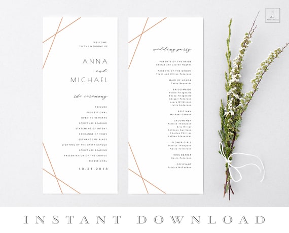 rose gold wedding program template order of service program etsy