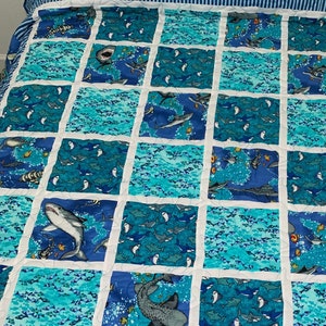 May include: A blue and white quilt with a shark and fish pattern. The quilt is made up of squares with different designs, including a shark swimming in a school of fish, a shark with its mouth open, and a school of fish.
